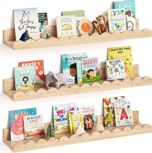 Miniatura 9 de G&W Gruwald Juego de 3 estantes para libros de guardería, decoración de guardería para bebés y niños pequeños, estantes festoneados, estante