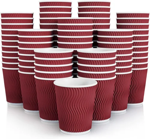 JollyPack Paquete de 120 Tazas de Café de Papel, Tazas de Café Desechables de 8 oz, Tazas Rojas para Bebidas Calientes con Pared Ondulada Aislante,