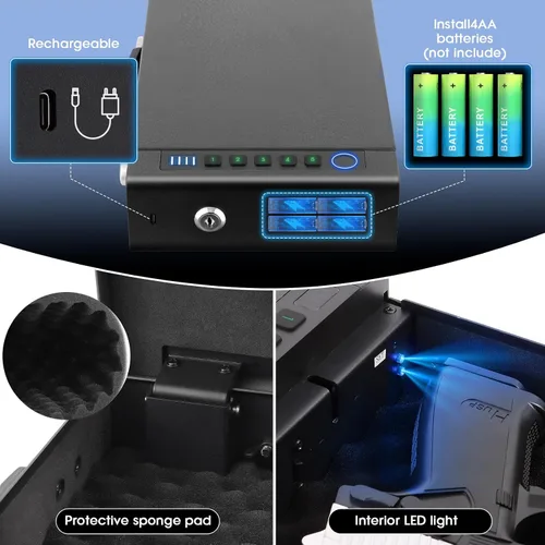 Miniatura 4 de Caja fuerte biométrica para pistola de huellas dactilares, 3 métodos de acceso rápido, con huella dactilar/PIN digital/llave, adecuado para armarios