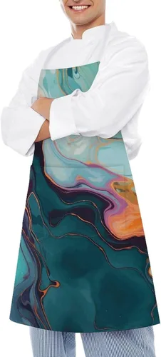 Miniatura 4 de Colourful Marble Cooking Aprons Unisex Kitchen Apron Adjustable Bib Apron with Pockets Waterdrop Resistant Chef Aprons for BBQ Drawing Grilling