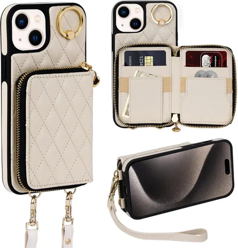Miniatura 38 de Funda tipo cartera para iPhone 15 de 6.1 pulgadas, bolso cruzado con cremallera y correa para la muñeca con cordón para mujer, tarjetero con bloqueo