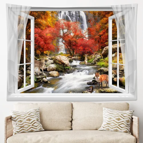 Miniatura 15 de HVEST Tapiz de bosque otoñal para colgar en la pared, hojas de arce naranja y sol, tapiz para colgar en la pared, tapiz de hojas de árbol de otoño