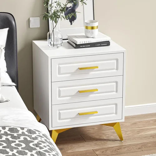 Miniatura 6 de Giluta Mesita de noche blanca con 3 cajones, moderna mesita de noche con patas y asas de metal macizo dorado, mesa de noche de madera, mesa auxiliar