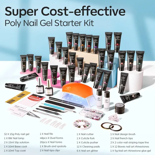 Miniatura 4 de Modelones Kit de uñas de polygel de 133 piezas, kit de gel para extensiones de uñas de 32 colores en primavera rosa pastel con lámpara de uñas, capa