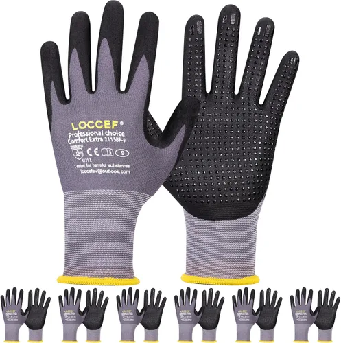 LOCCEF Guantes de Trabajo con Revestimiento de Nitrilo MicroFoam - 6 Pares, Resistencia Tejido Sin Costuras de Nylon, Puntos en la Palma, Guantes de