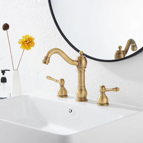 Miniatura 6 de Grifo de 2 manijas para lavabo de tres agujeros, grifo de lavabo de baño extendido, grifo mezclador, manguera de suministro incluida, desagüe Latón