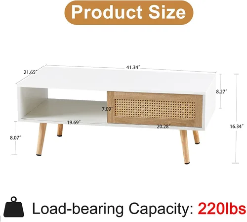 Miniatura 2 de Mesa de centro moderna de mediados de siglo con almacenamiento, mesa rectangular de madera de 41.3 pulgadas con panel de puerta deslizante de ratán