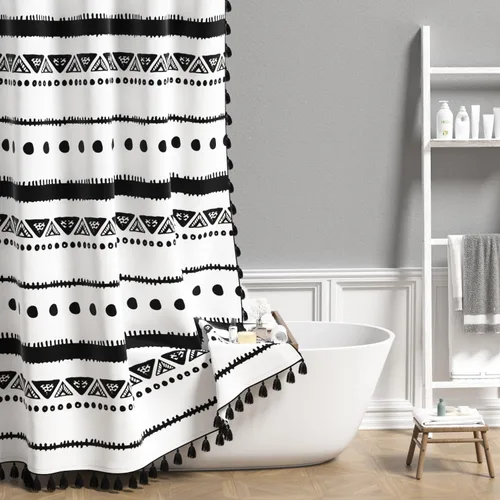 Miniatura 9 de AOFOTO Cortina de Ducha Boho con Patrón Geométrico de Rayas Negras Cortinas de Ducha para Baño con Borlas Cortina de Ducha Bohemia Decoración