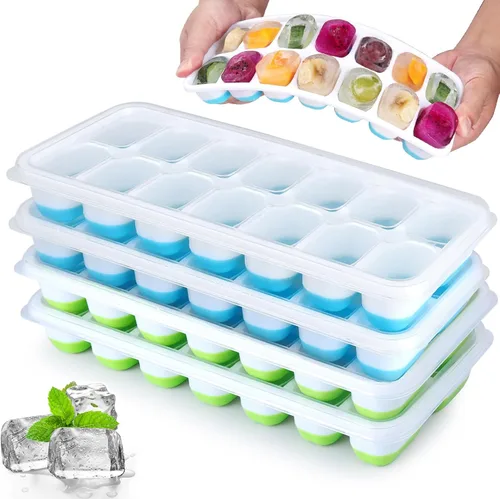 Miniatura 7 de Paquete de 4 bandejas para cubitos de hielo, fáciles de liberar y flexibles, bandejas de silicona para cubitos de hielo de 56 piezas con tapa