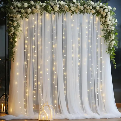 Miniatura 40 de Cortina de telón de fondo de tul azul bebé de 10 x 8 pies con cadena de luces para fiestas, cortinas de fondo transparentes para bodas, baby shower