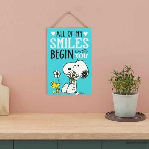 Miniatura 5 de Peanuts Snoopy All My Smiles Begin With You - Decoración de pared de madera para colgar – Lindo cartel de Snoopy – Gran idea de regalo Blanco/Aqua