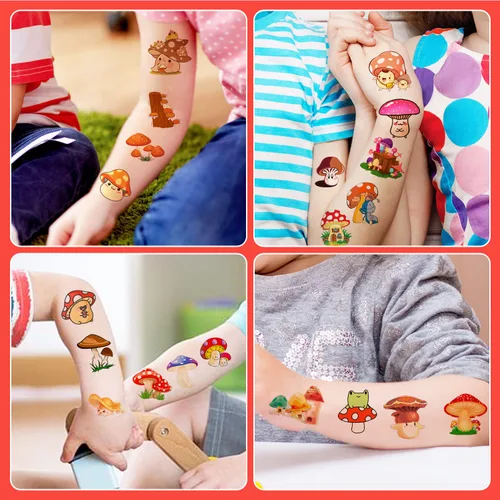 Miniatura 5 de (144 unidades) Calcomanías de tatuajes temporales de hongos para fiesta de hongos, suministros de decoración de fiesta de cumpleaños, regalos