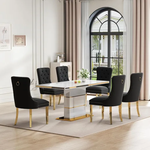 Miniatura 12 de Mesa de comedor moderna negra para 6 personas, mesa de cocina rectangular de 63 pulgadas con acabado lacado dorado y base de pedestal de acero