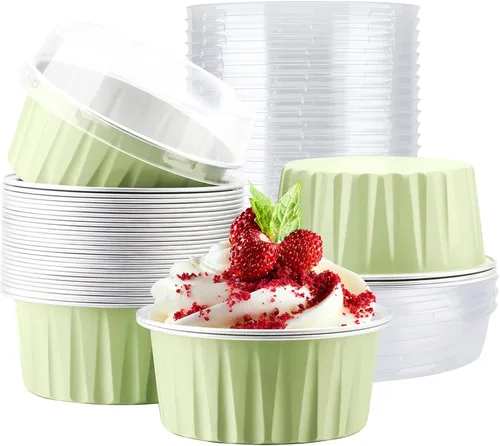 Miniatura 11 de EUSOAR Tazas de aluminio para hornear, paquete de 30 tazas de 5 onzas para cupcakes con tapas, moldes de pastel de 4.2 fl oz, flanes de postres, Azul