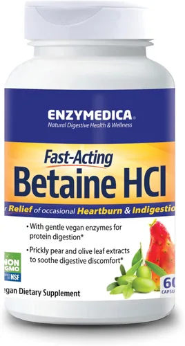 Enzymedica, Betaína HCl, Apoyo para la acidez estomacal y la indigestión ocasionales, 60 cápsulas