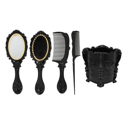 KALLORY - Juego de 5 piezas de espejo de tocador, peine negro vintage para mujeres, hombres, niños y niñas, contenedor de almacenamiento
