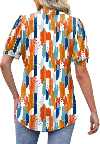Miniatura 5 de OFEEFAN Blusas plisadas de manga abombada para mujer, cuello en V, holgadas, elegantes, casuales, S-3XL