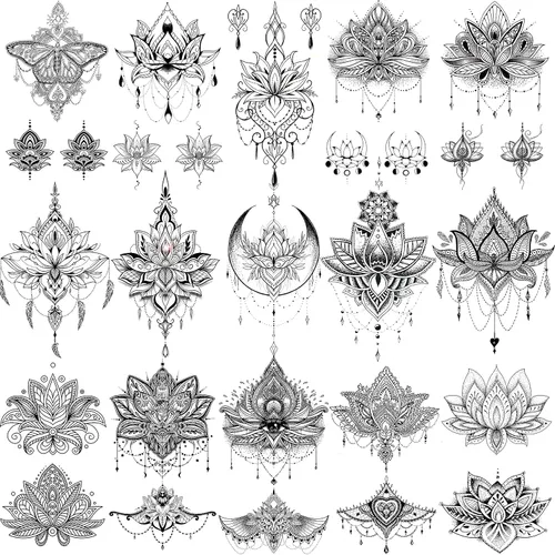 EGMBGM 15 hojas de tatuajes temporales de loto negro sexy para mujeres, novias de boda, joyería falsa tribal, colgante de encaje, luna, polilla,