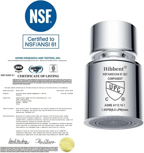 Miniatura 2 de Hibbent Aireador de grifo certificado NSF/ANSI/CAN 61, certificación CUPC Aireador de fregadero de cocina giratorio de 360°, cabezal de grifo Cromo