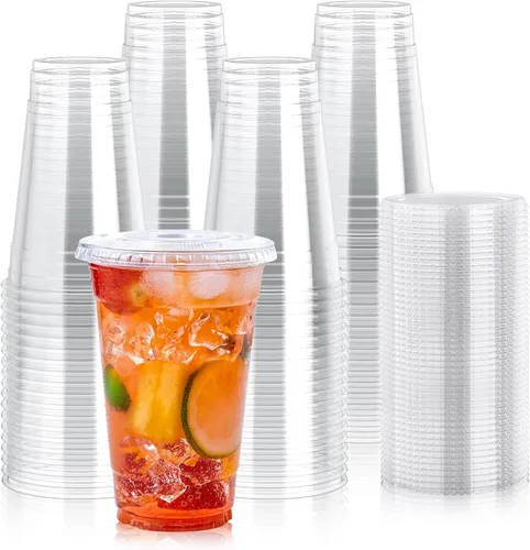 Miniatura 8 de Lilymicky 200 juegos de vasos de plástico transparente de 10 onzas con tapas planas, vasos desechables de 10 onzas para batidos, Slurpee o cualquier