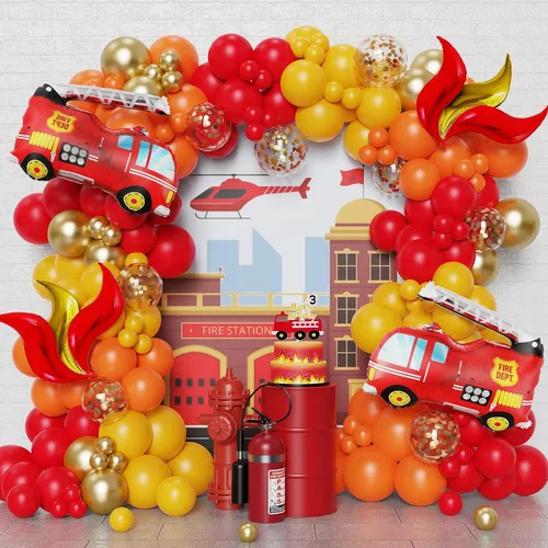 Juego de arco de globos de fuego, 144 globos rojos, amarillos y dorados con globos de camión de bomberos de aluminio para suministros de fiesta de