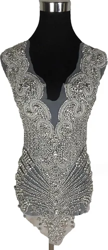 Labellezalady - Parche de aplique de corpiño completo de lujo con strass hechos a mano, strass de plata brillante para corpiño de vestido de novia y