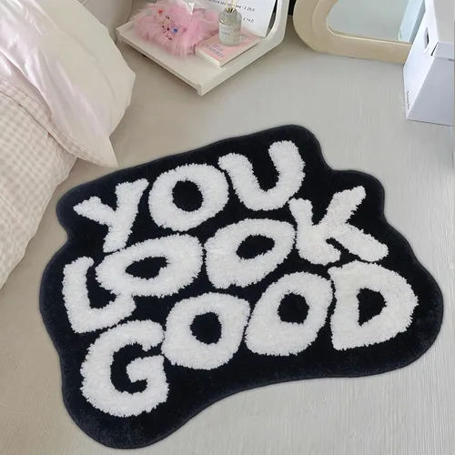 Miniatura 19 de Alfombra de baño negra con texto en inglés "You Look Good", alfombra de baño divertida, bonita, antideslizante, de microfibra, de felpa, pequeña