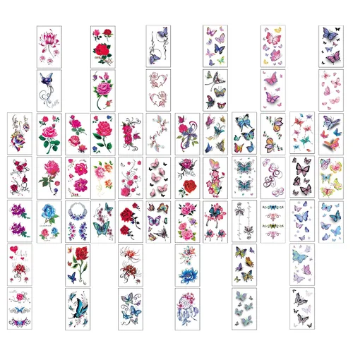 Miniatura 2 de 60 hojas de tatuajes temporales de flores, tatuajes de mariposas, palabras, líneas, tatuajes para adultos, hombres y mujeres
