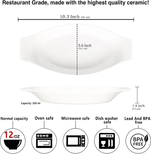 Miniatura 2 de Platos ovalados de cerámica para hornear gratinados de 5 x 8 pulgadas 12 OZ, juego de 4 cuencos para banana split, para porciones de 1 o 2 personas