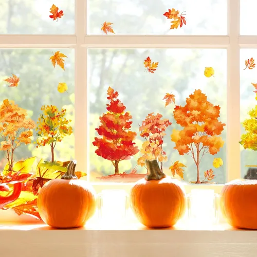 Miniatura 2 de KALEFO 38 calcomanías para ventana de otoño, Acción de Gracias, otoño, árbol, hojas de arce amarillas, calcomanías para ventana, calcomanías