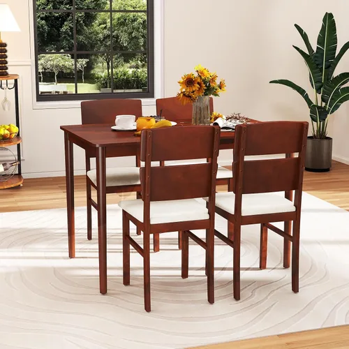 Miniatura 6 de Giantex Juego de mesa de comedor de 5 piezas para 4, mesa de comedor rectangular de granja con 4 sillas tapizadas, respaldo alto curvo, patas