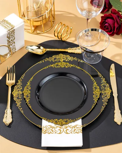 Miniatura 8 de Nervure - 350 platos de plástico negro - Juegos de vajilla de plástico negro para 50 invitados - 100 platos desechables, 150 cubiertos dorados, 50