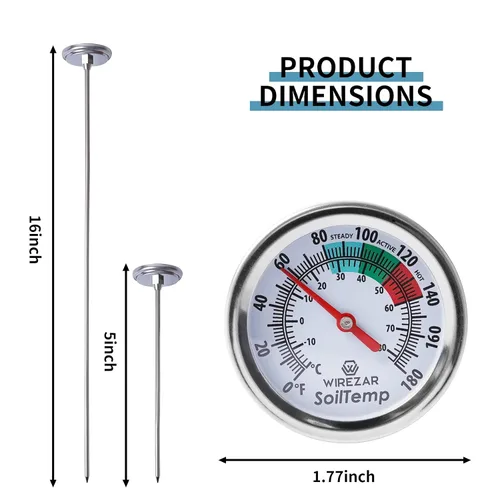 Miniatura 6 de Termómetro de suelo, vástago de acero inoxidable de 5 pulgadas, impermeable, fácil de leer Termómetro de temperatura del suelo para compostaje