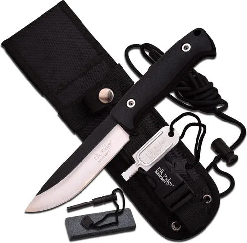 Elk Ridge Cuchillo de hoja fija para exteriores, 10.5 pulgadas en general, mango de fibra de nailon, funda de nailon, piedra de afilar, iniciador de