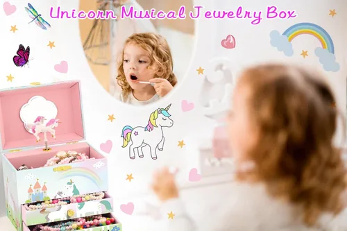 Miniatura 23 de RR ROUND RICH DESIGN - Joyero musical para niñas con cajón y juego de joyas con tema de bailarina, melodía de “El lago de los cisnes”, color rosado