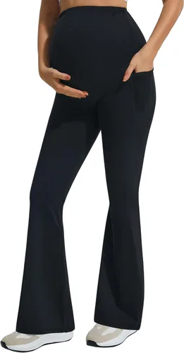 JOYSPELS Leggings de maternidad acampanados sobre el vientre con bolsillos, cremosos, suaves, elásticos, corte de bota, pantalones de yoga para