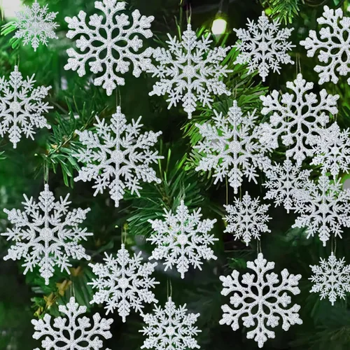 Miniatura 16 de Decoraciones para árbol de Navidad, adornos de copo de nieve, 36 piezas de copos de nieve colgantes de plástico con purpurina azul y plateado