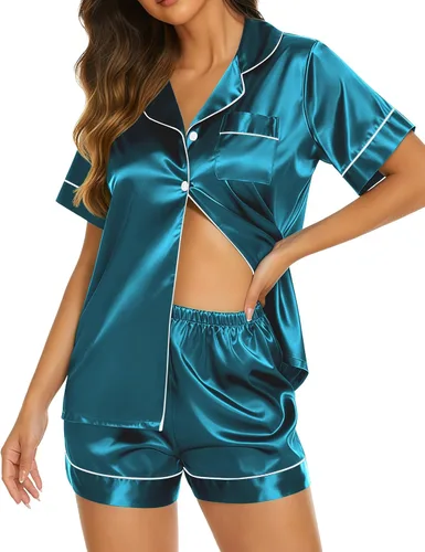 Miniatura 26 de Ekouaer Pijamas de seda para mujer, ropa de dormir de manga corta, suave, con botones, ropa de descanso, 2 piezas, pijama de satén, conjunto