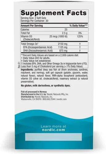 Miniatura 2 de Nordic Naturals Ultimate Omega 2X con vitamina D3, sabor a limón, 60 geles blandos, 2150 mg de omega-3 + 1000 UI D3, aceite de pescado omega-3, EPA