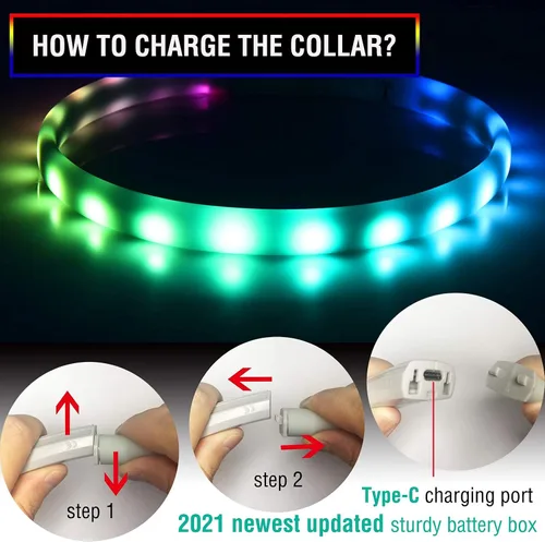 Miniatura 4 de Collar de perro recargable USB-C, collar de luz multicolor súper brillante, resistente a la intemperie, luz de seguridad para caminar por la noche