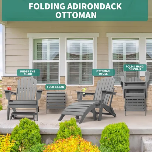 Miniatura 7 de FUNBERRY Otomana Adirondack plegable, HDPE para todo tipo de clima, reposapiés de patio de fácil almacenamiento, otomanas y reposapiés para Gris