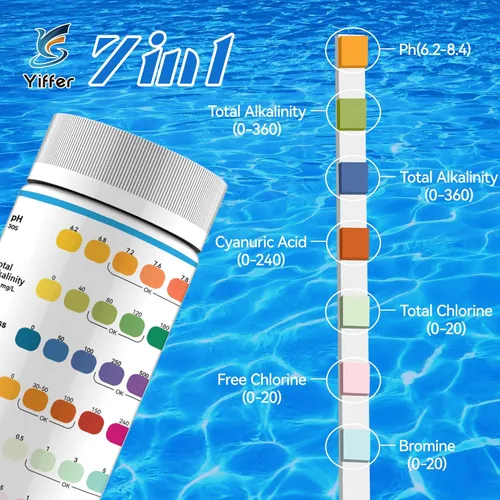 Miniatura 3 de 175 tiras de prueba de 7 vías para bañera de hidromasaje y piscina, bromo de prueba precisa, alcalinidad total, pH, cloro libre, dureza total, ácido