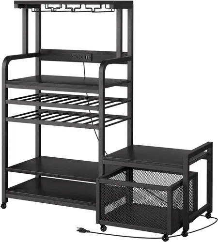 Miniatura 9 de Mini soporte para refrigerador con toma de corriente, soporte para microondas con estante para vino, barra de café con cestas de almacenamiento