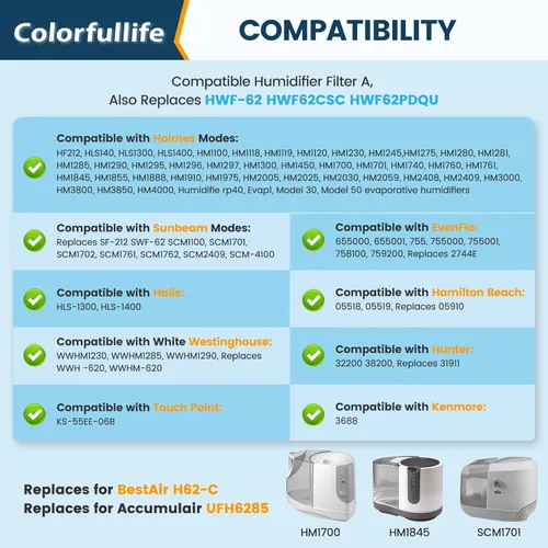 Miniatura 3 de Colorfullife Paquete de 6 filtros humidificadores HWF62 A para Holmes, repuesto para humidificador Holmes Sunbeam, reemplaza HWF62 HWF62CS HWF62D