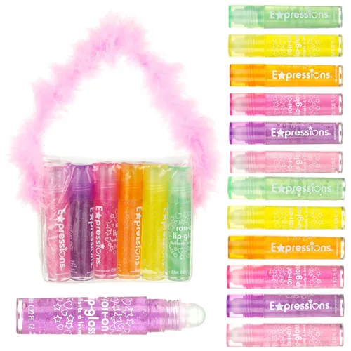 Miniatura 2 de EXPRESSIONS Juego de brillo labial enrollable de 12 piezas con mango de marabú y estuche de transporte, sabores afrutados surtidos, maquillaje