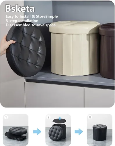 Miniatura 3 de Bsketa® Otomana plegable redonda de almacenamiento de 14 x 14 x 13 pulgadas, taburete de pie con asiento acolchado de espuma más gruesa, banco Negro