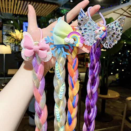 Miniatura 9 de 6 extensiones de cabello de trenzas de colores para niñas con bandas de goma, extensiones trenzadas de arco iris, lazos para el cabello, peluca