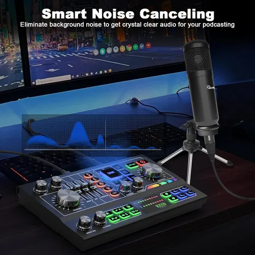 Miniatura 6 de Paquete de equipos de podcast para 2, interfaz de audio, modificador de voz con micrófono de condensador de 3.5mm, BT inalámbrico dual, fuente