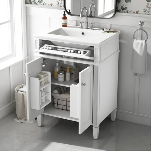 Miniatura 10 de Virubi Tocador de baño de 30 pulgadas con fregadero de cerámica, armario de almacenamiento independiente moderno con 1 puerta, 2 cajones y cajón Azul