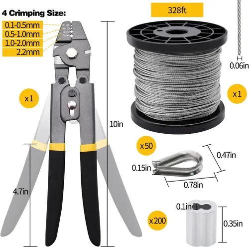Miniatura 2 de Kit de herramientas de engarzado de cable de alambre de 328 pies, cable de cuerda de alambre de acero inoxidable de 1/16" con manguitos de engarzado
